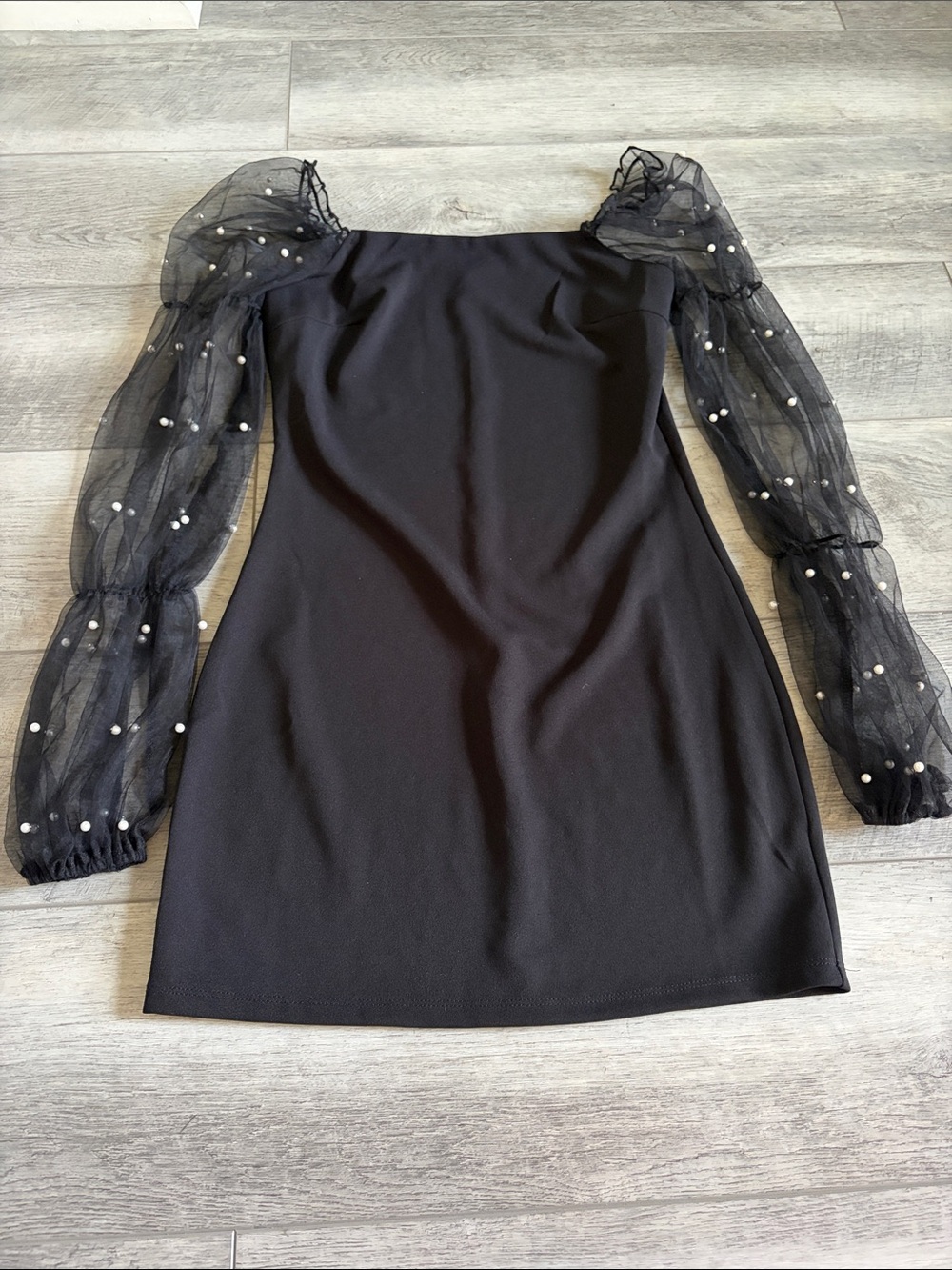 Black Mini Dress with Sheer Pearl-Embellished Puff Sleeves